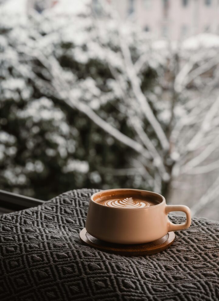 An image of a cup of coffee on a blanket in front of a view of trees with snow.